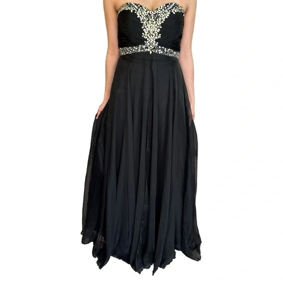 ✨Host Pick✨ BLACK CHIFFON PROM FORMAL EVENING GOWN WITH RHINESTONE ACCENTS 4 - Picture 5 of 16